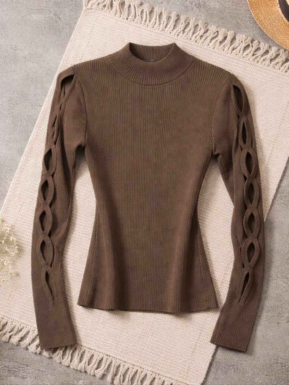 Fashion Nova. Brown Ribbed Knit Top with Braided Open-Sleeve Detail